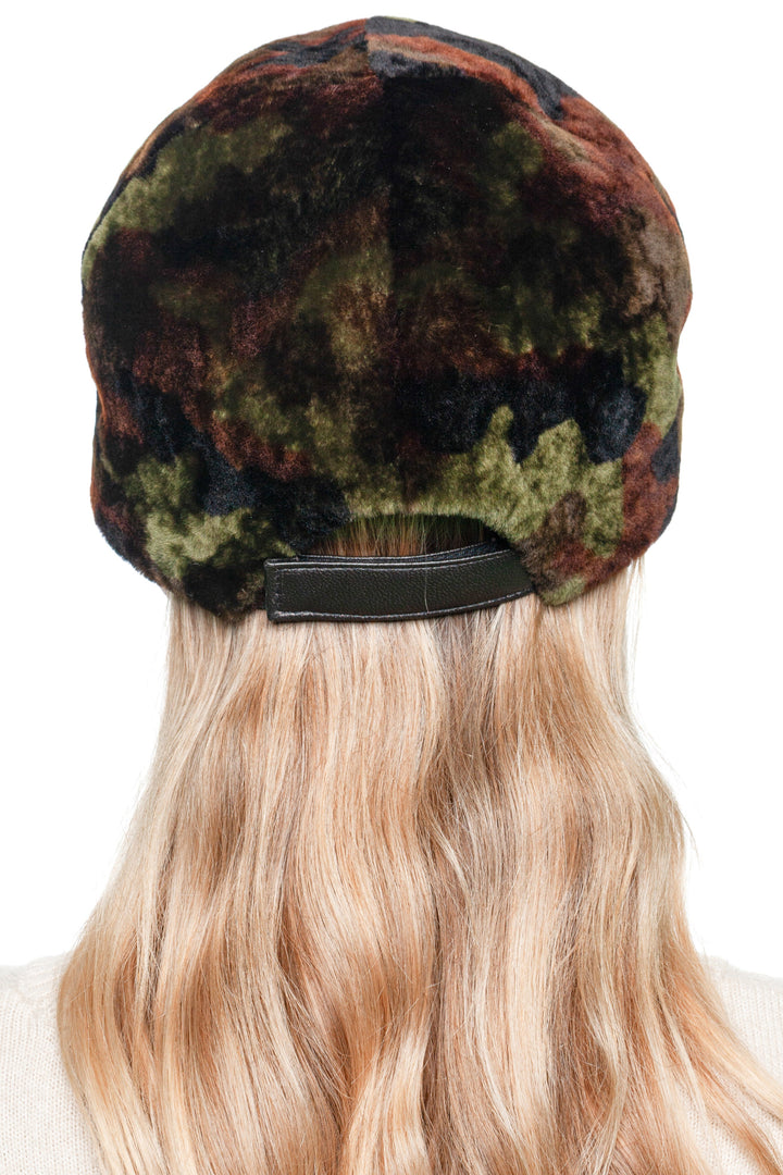 Back view of camouflage army lambskin fur hat with adjustable strap, warm unisex winter cap designed for tactical, outdoor, and casual wear.