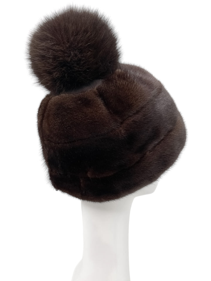 Mink Fur Beanie Hat With Fox Pom Pom In Brown