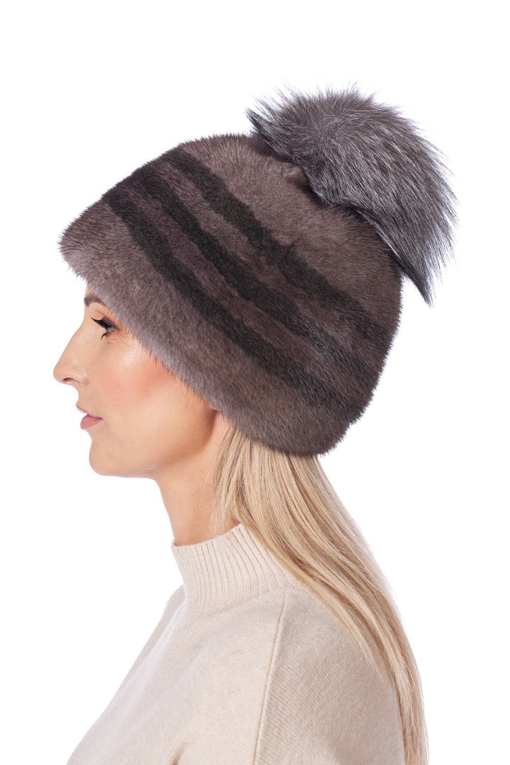 Mink Fur Hat With Silver Fox Bobble