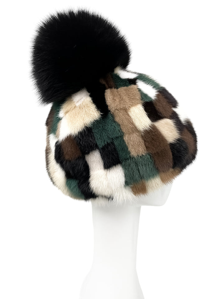Camouflage Checkered Mink Fur Hat With Black Fox Fur Pom Pom