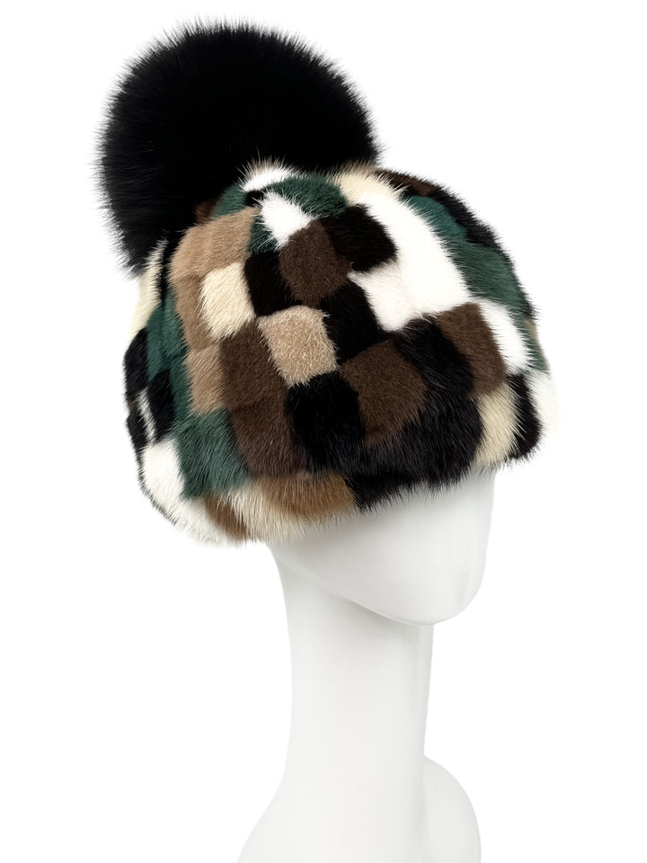 Real Mink Fur Hat With Black Fox Fur Pom Pom