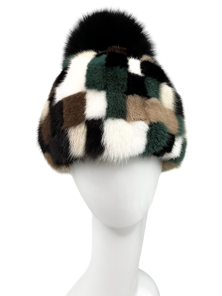 Checkered Mink Fur Hat With Black Fox Fur Pom Pom