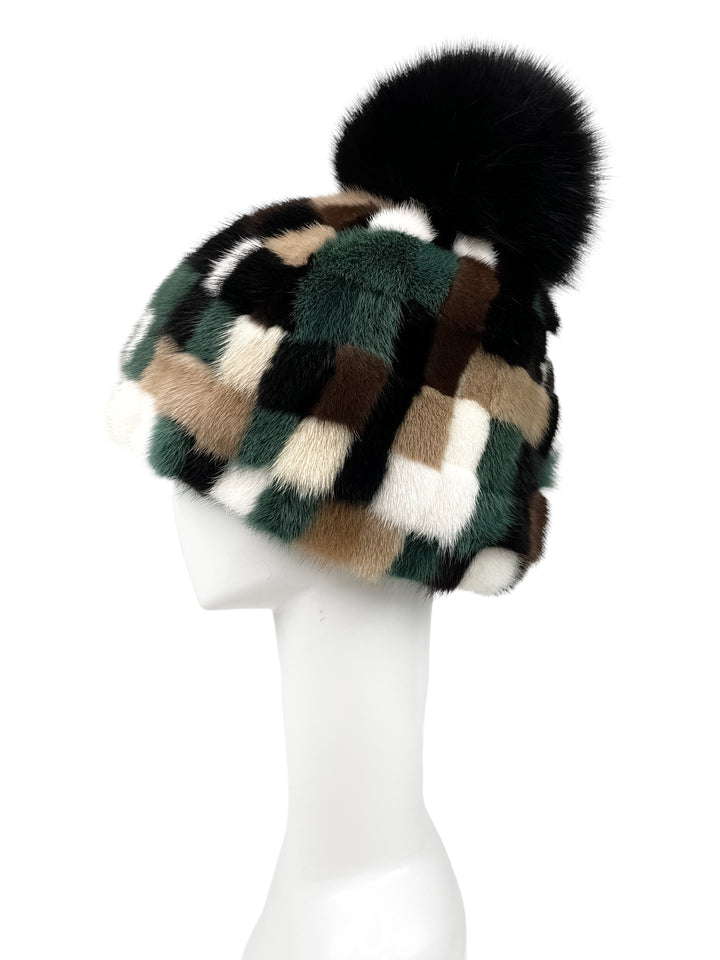 Checkered Mink Fur Hat With Black Fox Fur Tassel