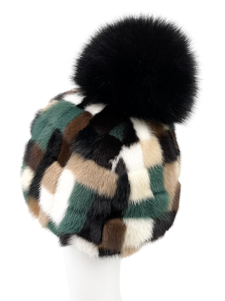 Checkered Mink Fur Hat With Black Fox Fur Bobble