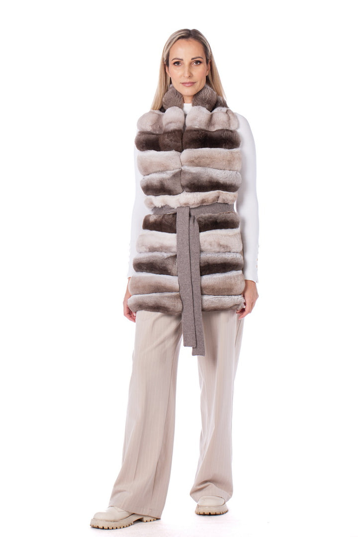 Chinchilla fur scarf cinched with a belt