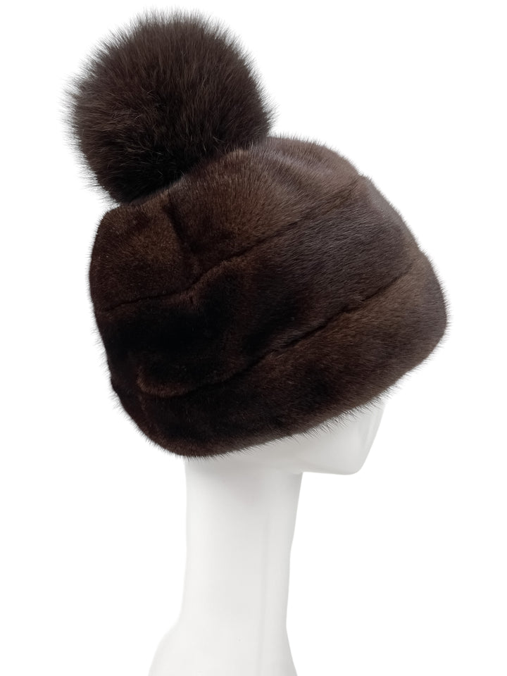 Natural Mahogany Mink Fur Hat With Fox Pom Pom In Brown