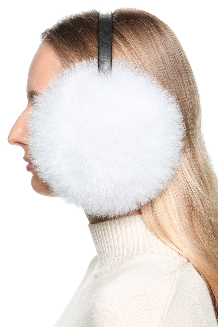 Natural blue fox fur earmuffs – right side profile view with black leather band, soft fluffy handmade real fur winter ear warmers for women.