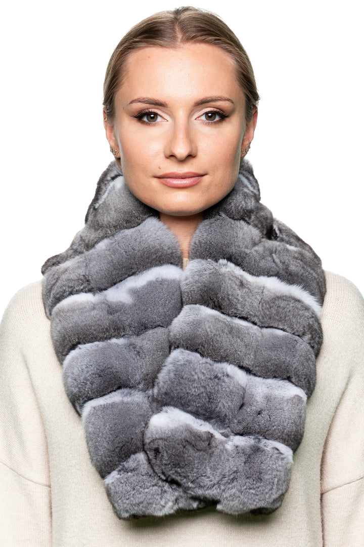 Luxury natural grey chinchilla fur scarf with hidden magnetic closure, draped on mannequin, soft real fur winter accessory for women, elegant cold weather neck wrap.