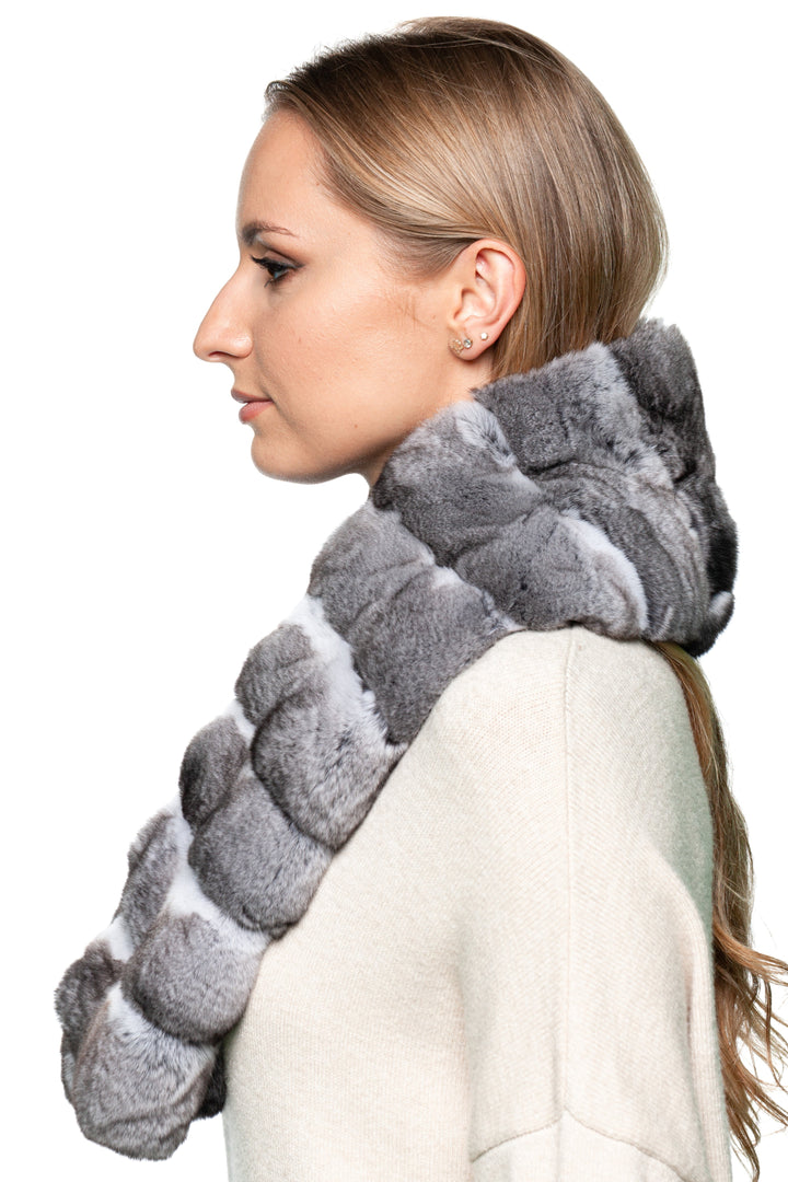 Handcrafted natural chinchilla fur scarf in grey gradient, shown from front view with magnetic closure hidden for seamless winter fashion styling.