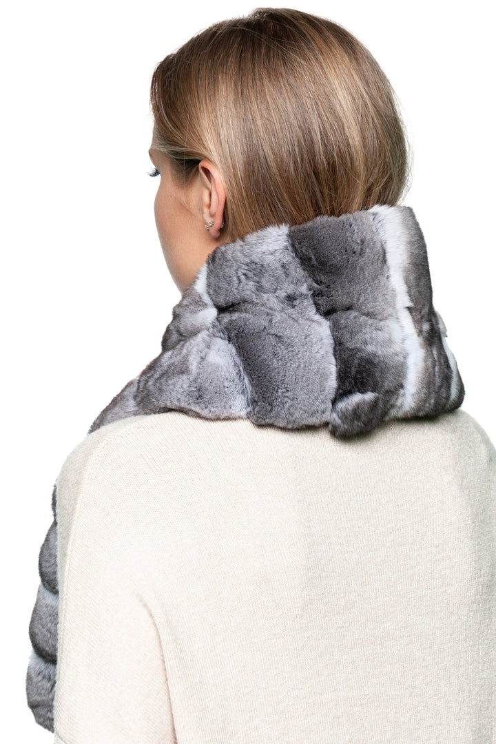 Plush chinchilla fur scarf in natural grey, lightweight yet warm, perfect luxury accessory for winter coats and evening outfits.