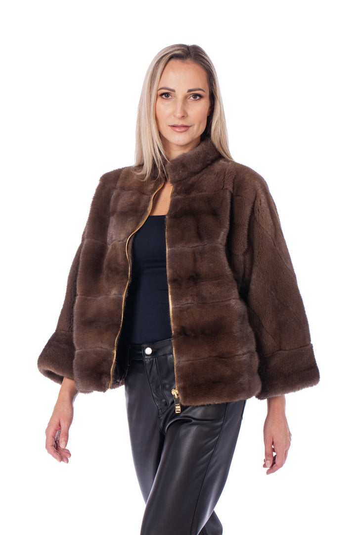 Open front brown mink fur jacket