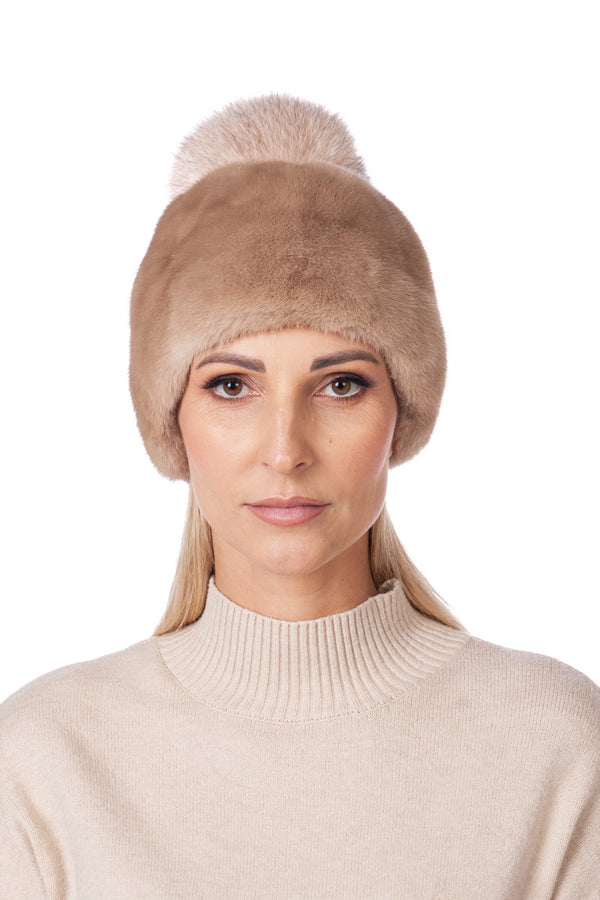 Palomino Beige Mink Fur Hat With Pom Pom