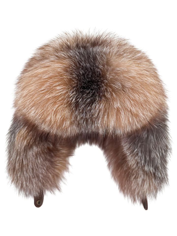 Front view of Brown Amber Fox Fur Ushanka Hat – oversized trapper hat made from real fox fur, showcasing thick fluffy texture and natural frosted color tones.