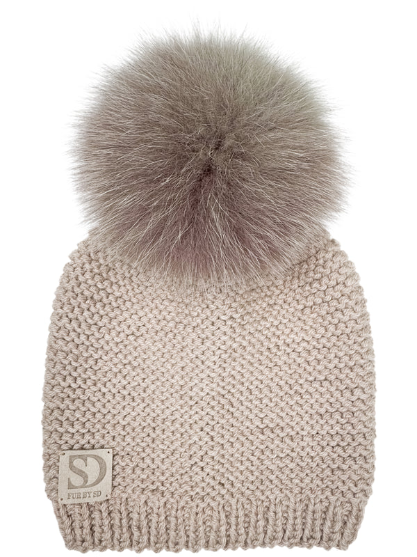 Light Nougat Beanie With Brown Fox Fur Pom Pom