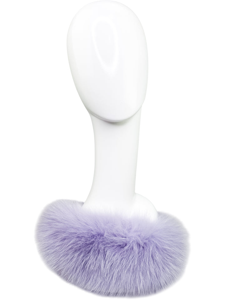 Lavender fox fur headband displayed flat, cashmere lined winter accessory for women, luxury real fur hairband perfect for gifting and stylish ear warmth.