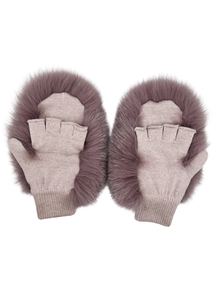 Pair of fluffy dusty pink fox fur mittens, flip top wool gloves with real fur, cozy convertible gloves for cold weather style.