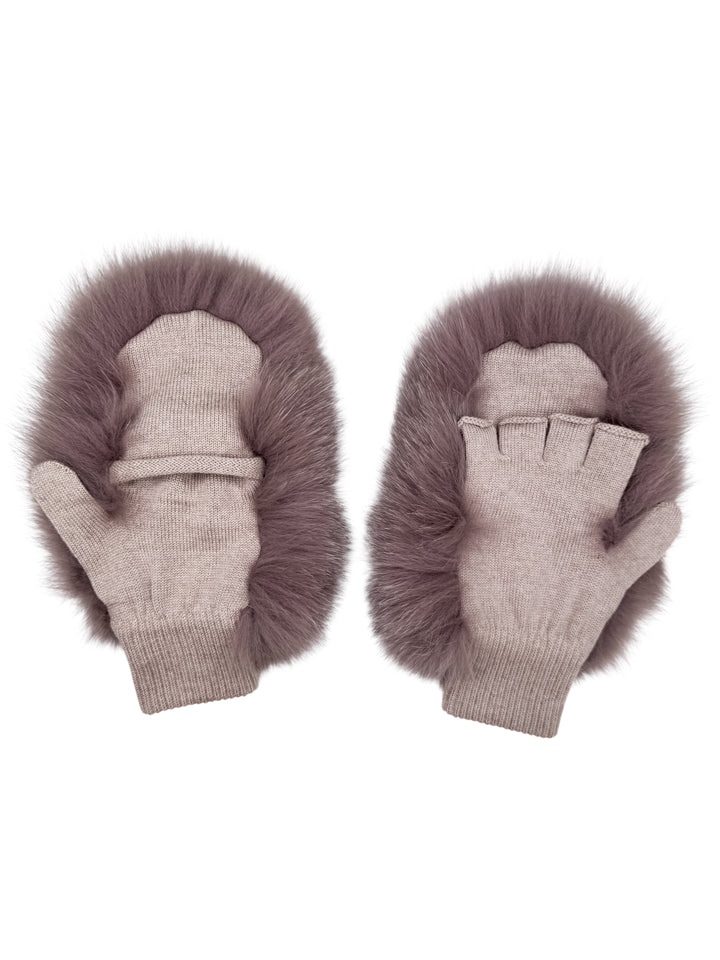Dusty pink fox fur flip top mittens in beige merino wool knit, convertible fingerless gloves with real fur trim, handmade luxury winter accessories.