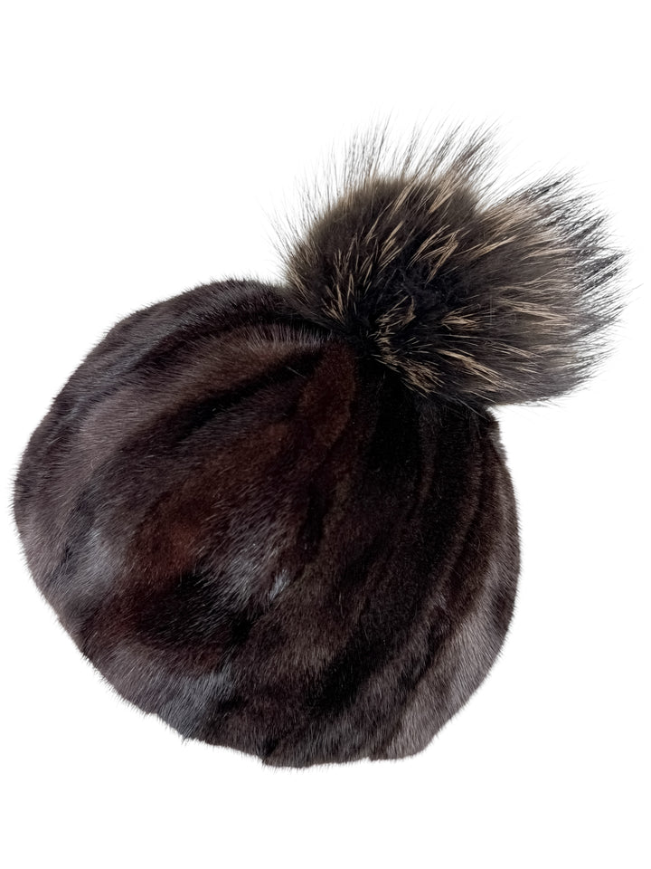 Luxury patched black and brown mink fur beanie with plush matching fox fur pom pom – winter hat by FurbySD, rear side angle.