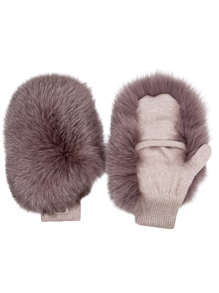 Dusty pink fox fur flip top mittens in beige merino wool knit, convertible fingerless gloves with real fur trim, handmade luxury winter accessories.