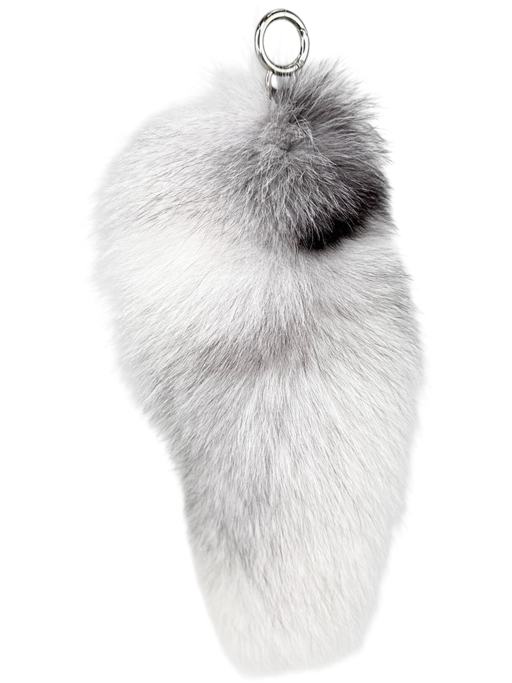Elegant white fox fur handbag charm with natural silver-black accents — real fur keychain for purses, luxury winter fashion, and gift ideas.
