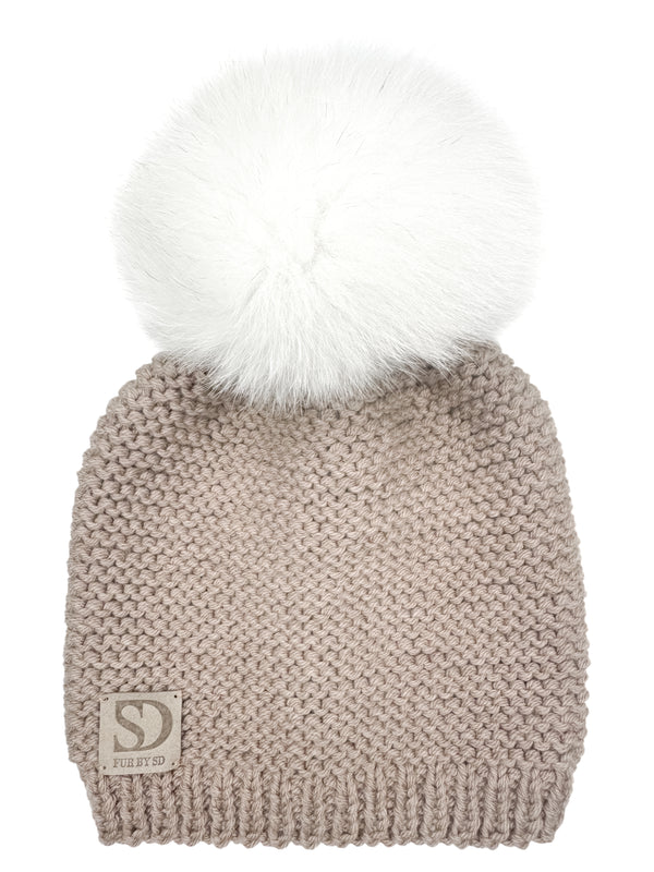 Light Nougat Beanie With White Fox Fur Pom Pom