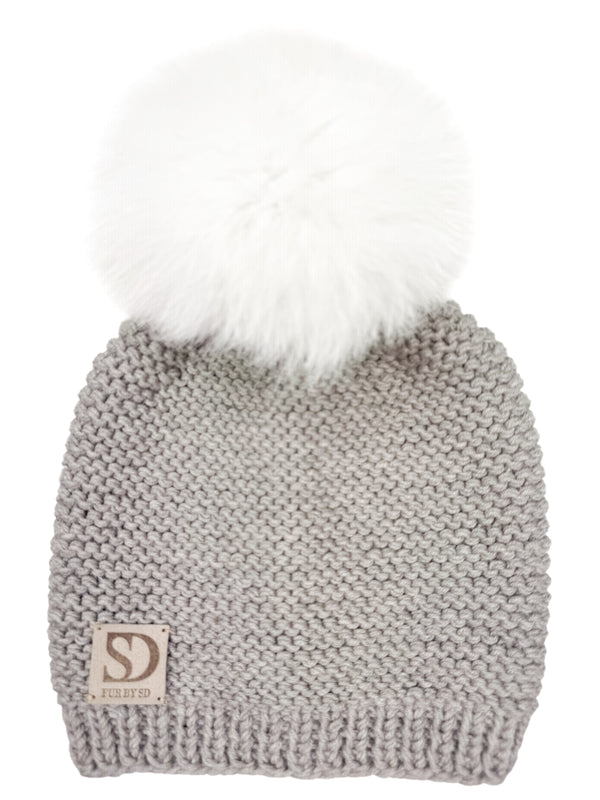 Greige Beanie With White Fox Fur Bobble