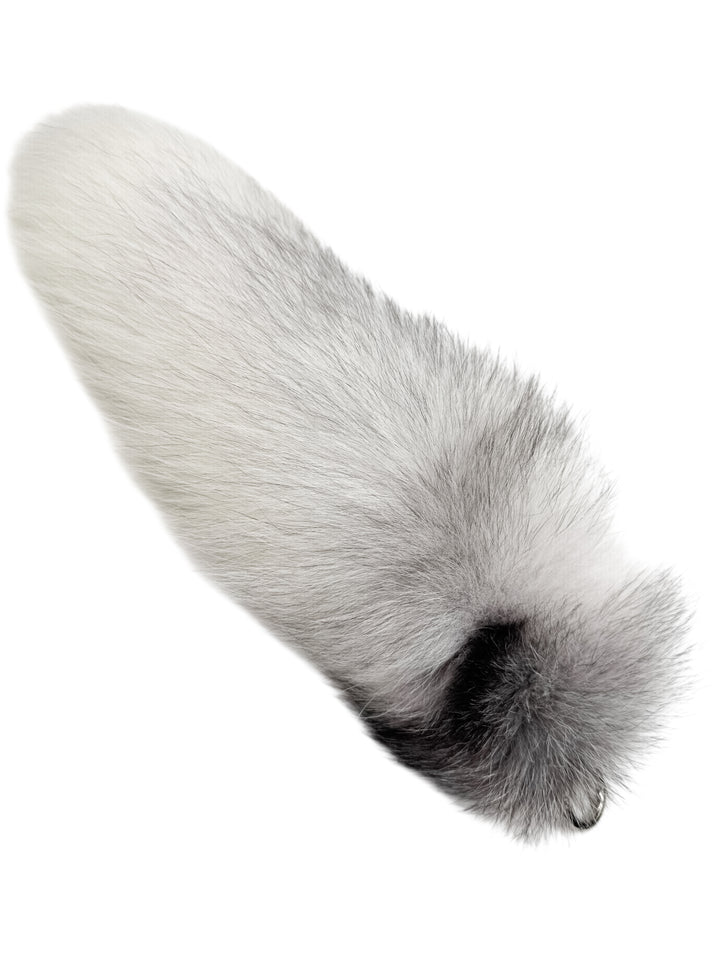 White Shadow Frost Fox Fur Bag Charm handmade by FurbySD — genuine fox fur keychain accessory with silver-tone clasp, luxury gift for women.