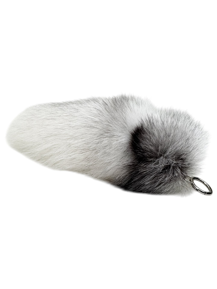 Handmade real fox fur bag charm in white shadow frost color with soft silver-gray shades — elegant luxury fur accessory for designer handbags.