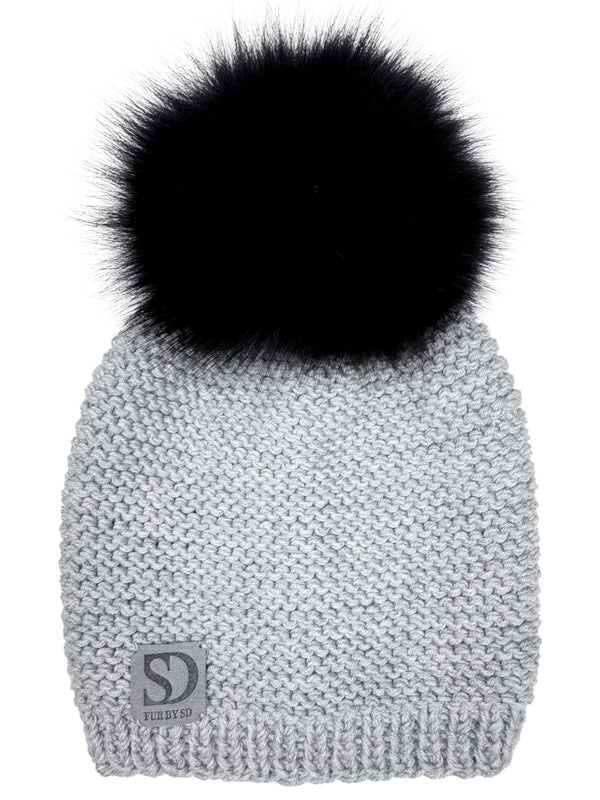 Light Grey Beanie With Black Fox Fur Pom Pom