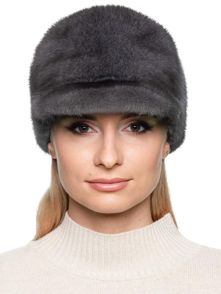 Grey Mink Fur Baseball Cap – Luxury Real Fur Hat with Brim.