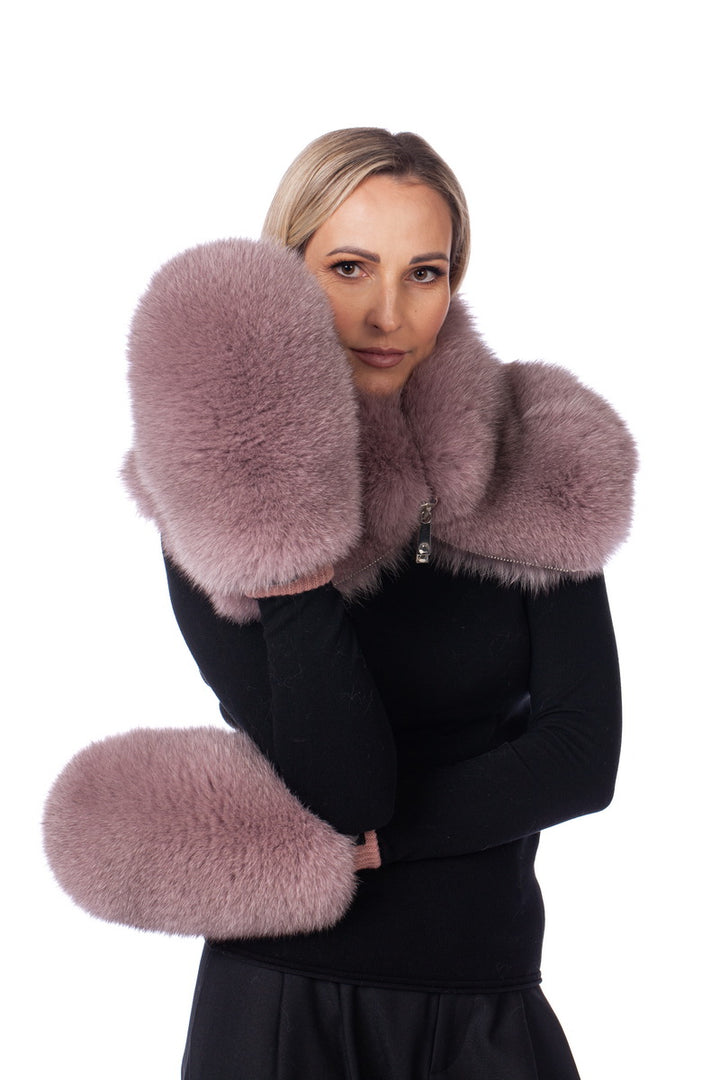 Pink Fox Fur Collar And Mittens