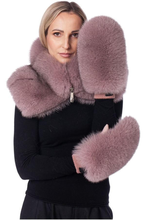 Pink Fox Fur Collar And Mittens Set