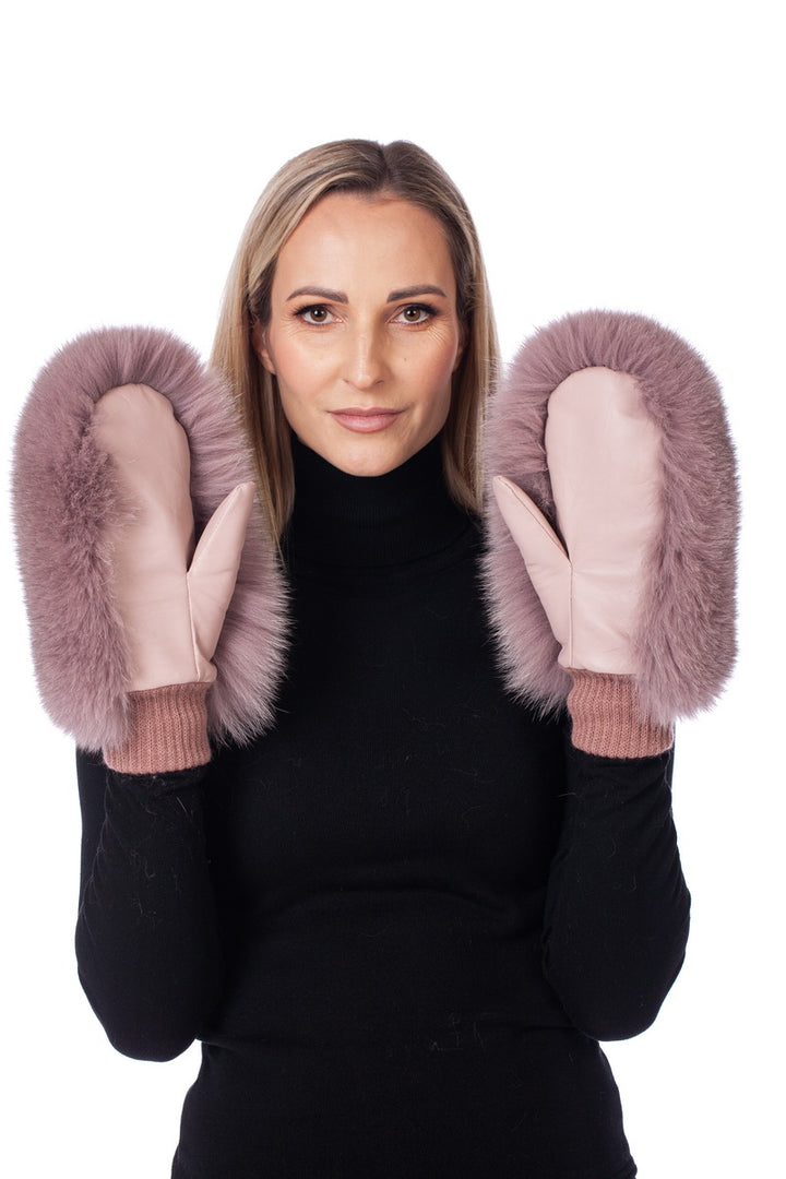 Pink Leather And Fox Fur Mittens