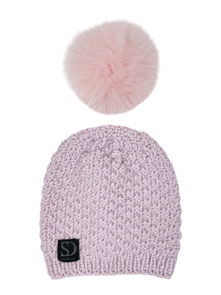 Pink Merino Wool Beanie With Detachable Fox Fur Pom Pom