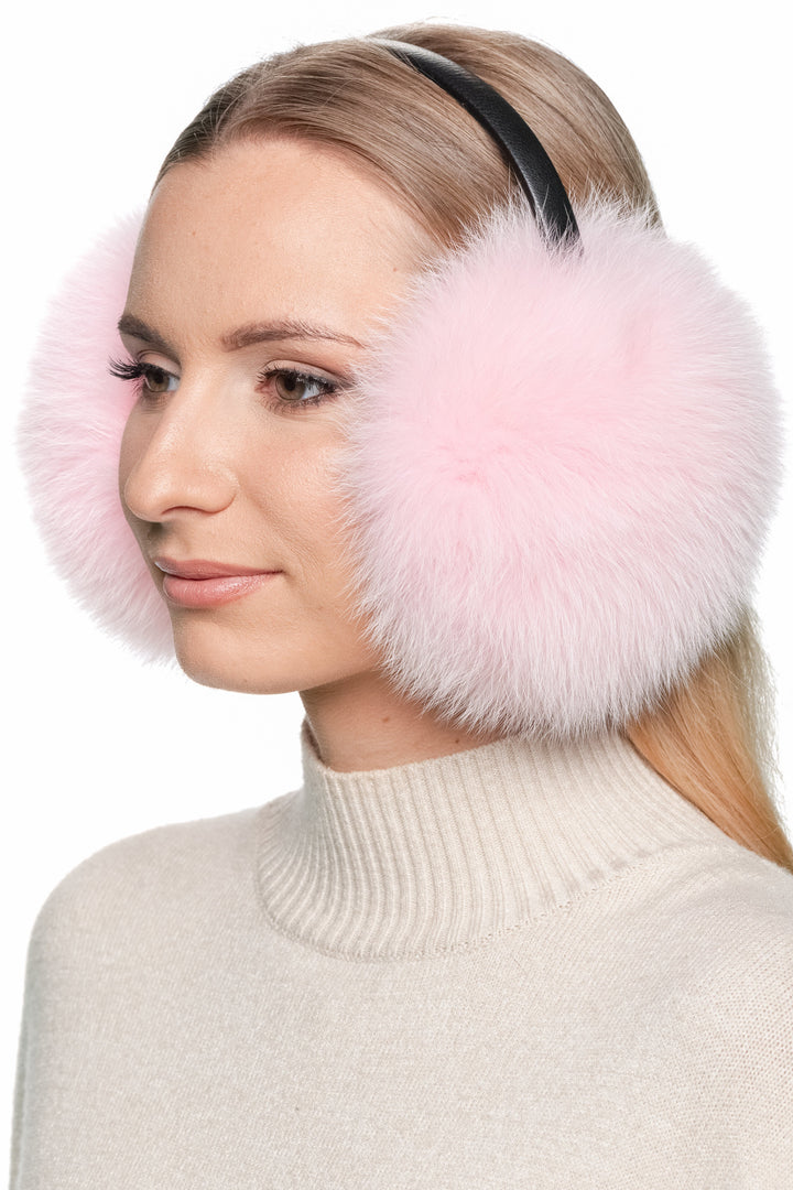 Handmade pink fox fur earmuffs, fluffy real fur winter ear warmers with leather band, stylish Christmas gift for her.