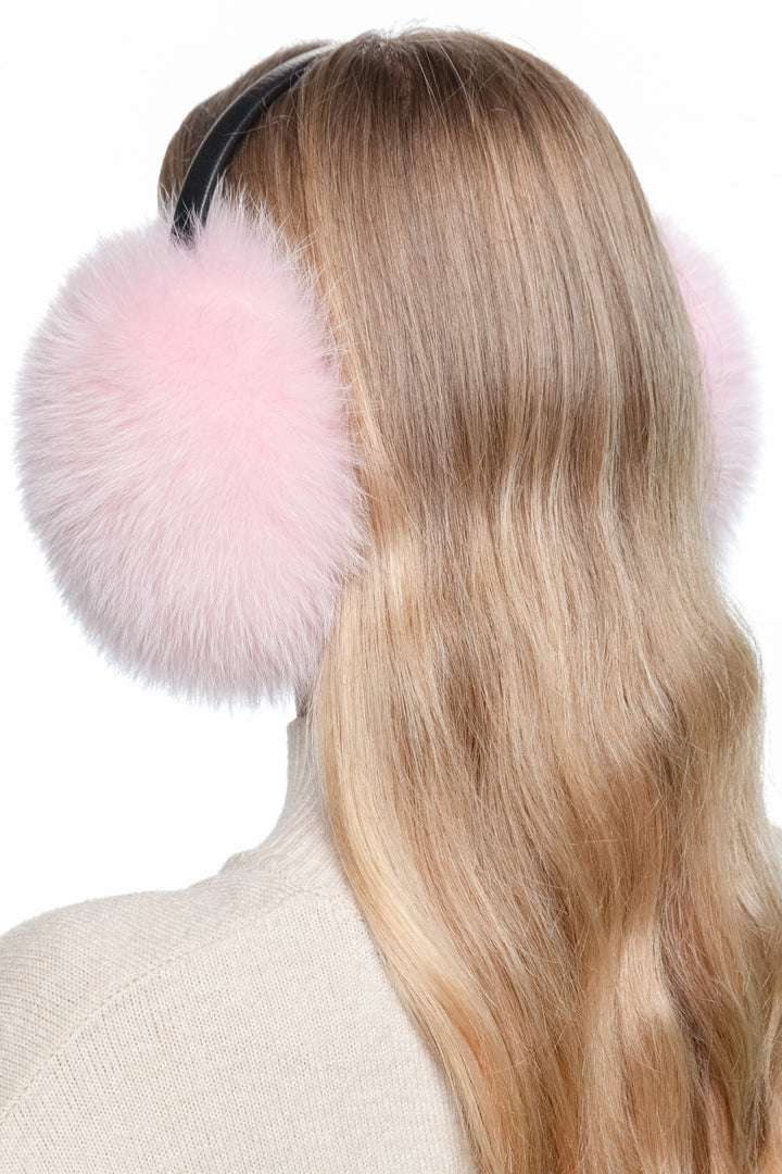 Large pink fox fur earmuffs with leather headband – handmade winter accessory, fluffy ear warmers for women.