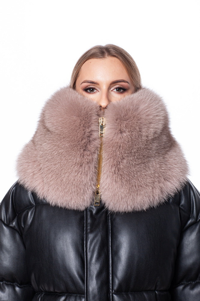 A person with blonde hair is wearing a black leather jacket and a luxurious FurbySD Fox Fur Zipped Collar Scarf that is partially covering their face, with a white background behind them.