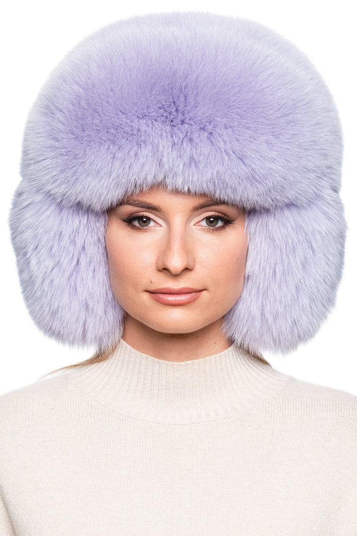 Unisex oversized purple fox fur ushanka hat with earflaps – real fur Russian trapper cap for skiing, cold weather, and luxury winter style.