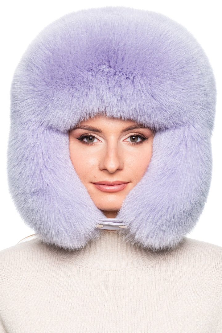 Oversized purple fox fur trapper hat with chin strap closed, real fur Russian ushanka winter hat for unisex outdoor cold weather wear.