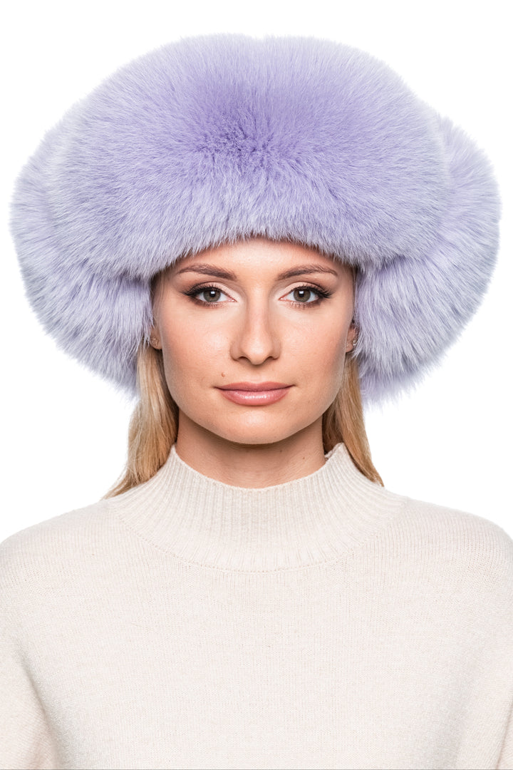 Luxury purple fox fur ushanka hat with earflaps up, unisex real fur Russian winter hat, designer après-ski headwear.