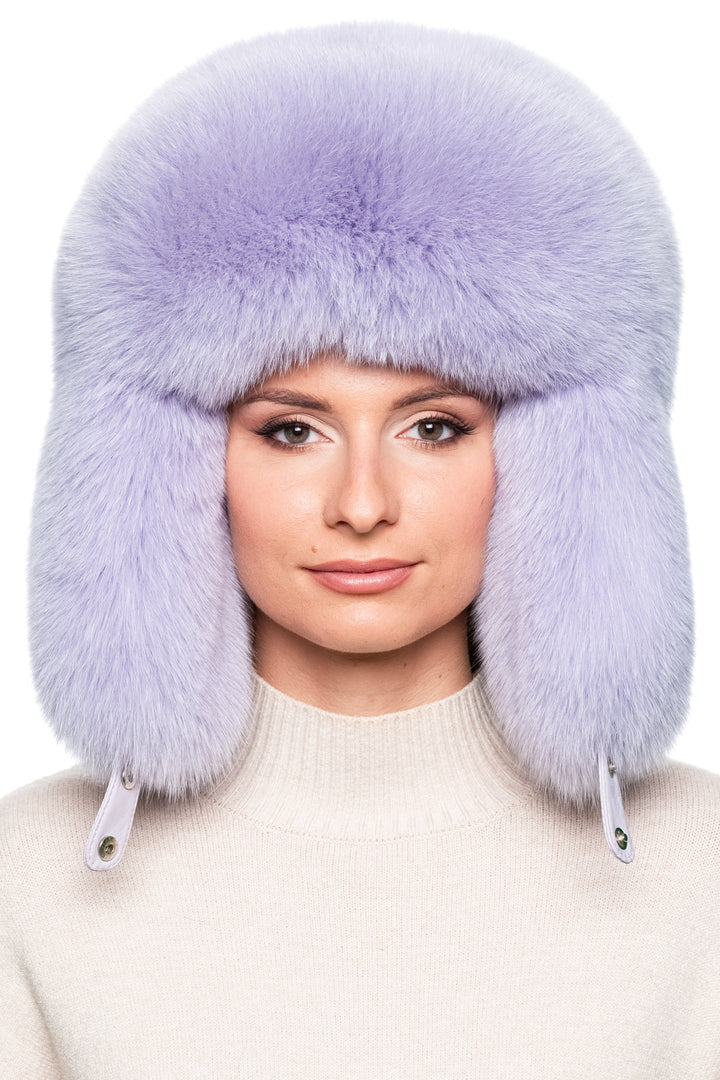 Luxury purple fox fur trapper hat with oversized earflaps – real fur Russian ushanka hat for women and men, handmade winter fashion accessory.