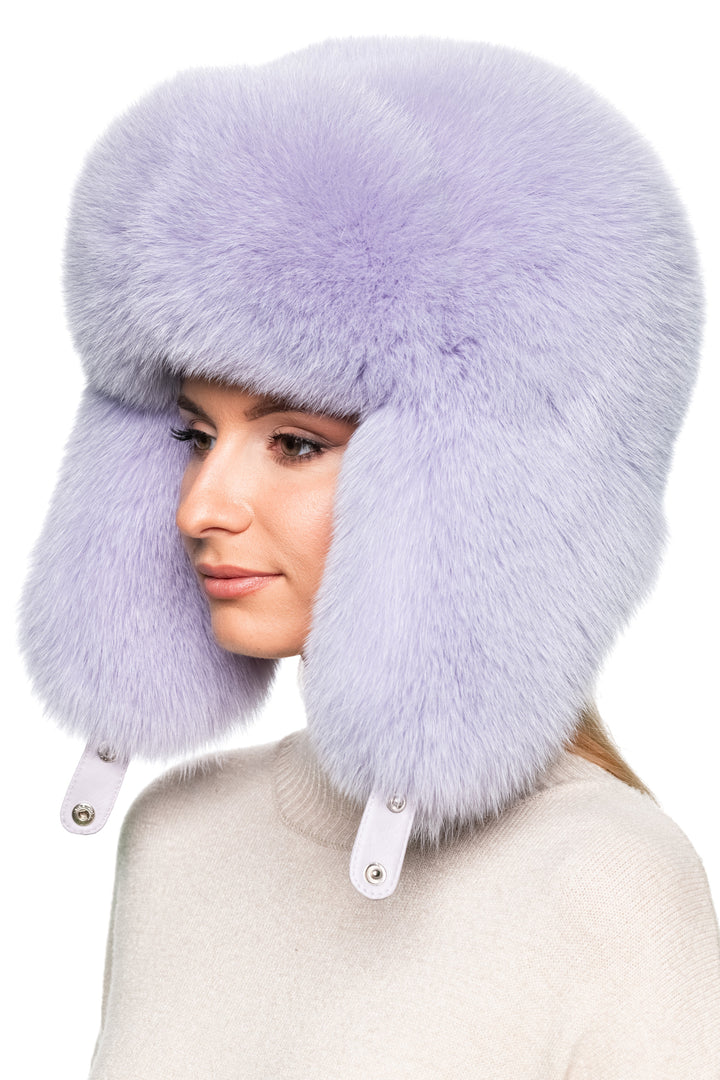 Handmade purple fox fur ushanka hat with earflaps – designer unisex winter aviator cap for cold weather and après-ski style.