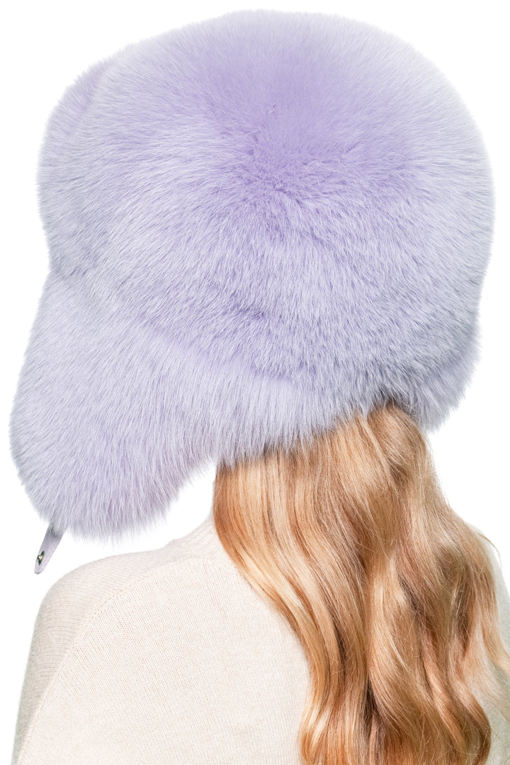 Back angle of unisex purple fox fur trapper hat – plush oversized ushanka hat with earflaps, Russian-style winter accessory.