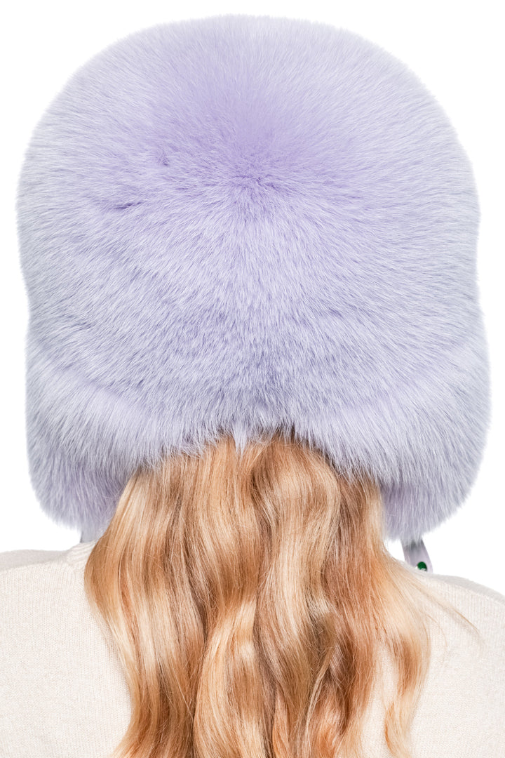 Full back view of handmade purple fox fur ushanka hat – oversized real fur trapper cap with earflaps, luxury unisex ski hat.