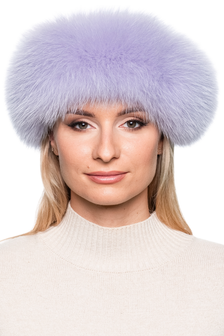Elegant purple fox fur headband with cashmere lining, real fur ear warmer designed for women, perfect for cold weather fashion and après-ski style.