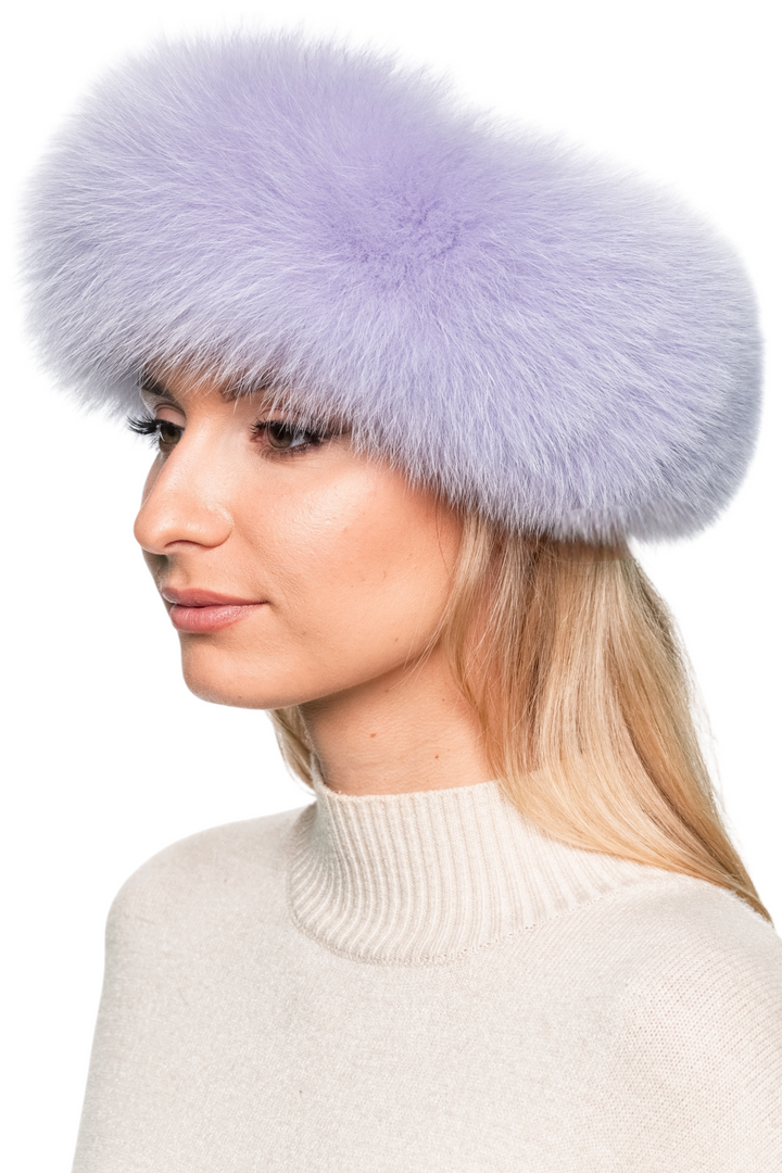 Lavender fox fur ear warmer headband with cashmere lining, handmade in Lithuania, ideal for elegant cold weather outfits and luxurious winter accessorizing.