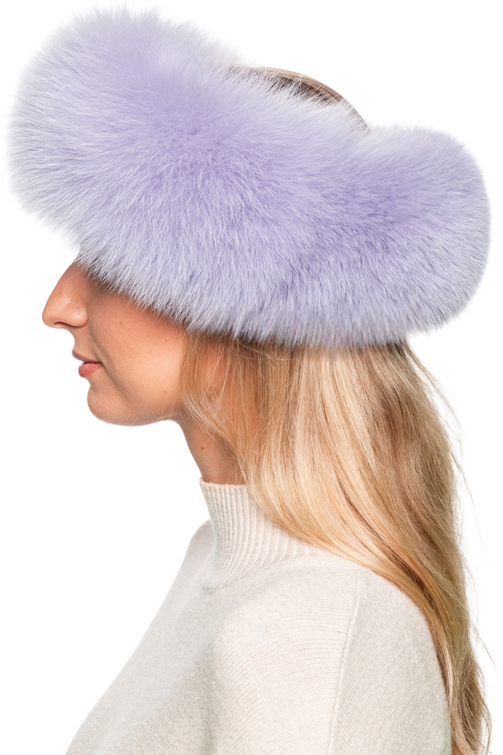 Lavender fox fur headband displayed flat, cashmere lined winter accessory for women, luxury real fur hairband perfect for gifting and stylish ear warmth.