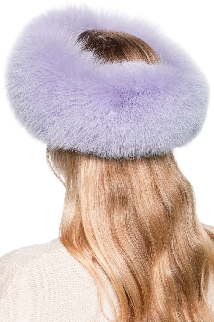 Side profile of fluffy purple fox fur headband with cashmere lining, luxury winter hairband for women who want stylish warmth and soft real fur comfort.