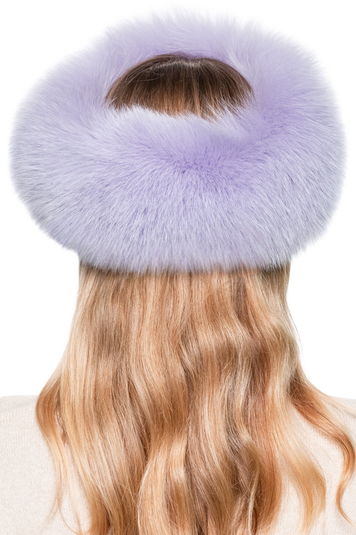 Real purple fox fur headband with voluminous fluffy texture, cashmere lined ear warmer for women, timeless accessory for cold weather fashion and ski trips.