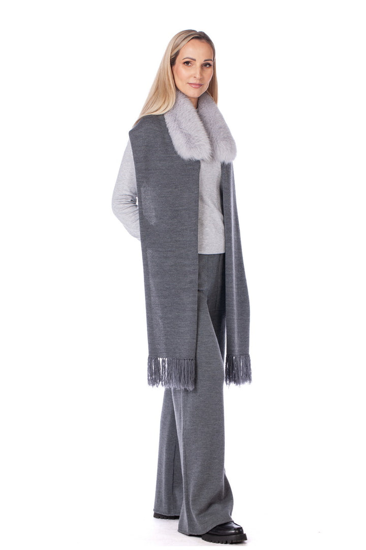 RealFoxFur Collar With Merino Wool Scarf With Fringes